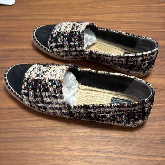Tory Burch Black Leather Tweed Espadrille Shoes size 9.5 - Picture 2 of 12